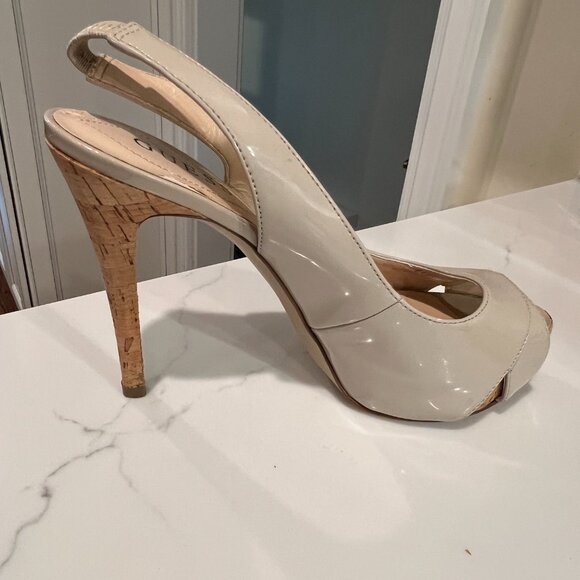 GUESS Nude Patent Slingback Peep Toe Cork Heels | Size 8.5 - Picture 7 of 8